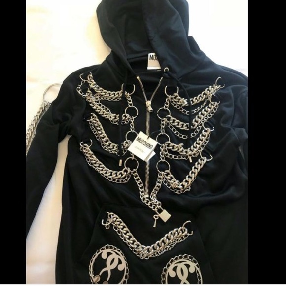 SOLD! AW16 Moschino Couture BLACK SWEATSHIRT HOODIE DRESS W/ CHAINS HOOPS - Picture 5 of 5